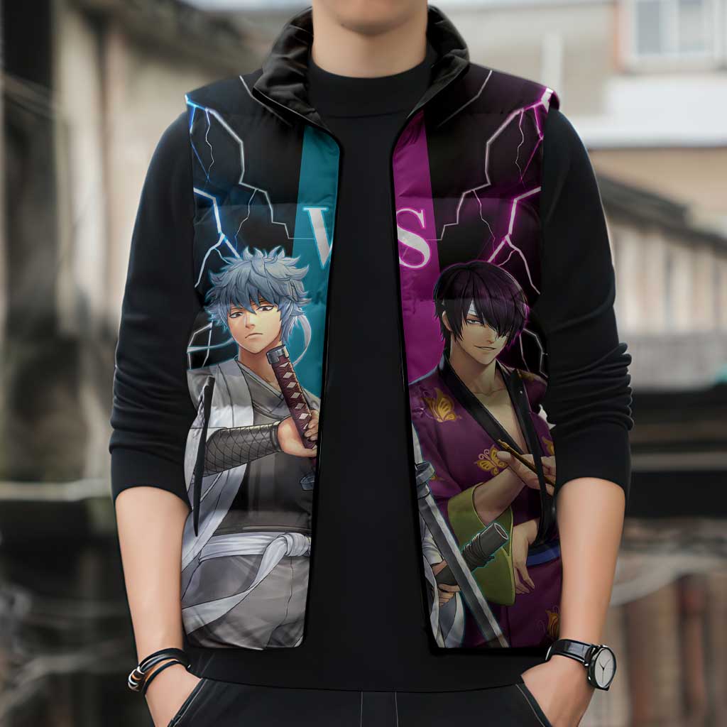 Shinsuke vs Gintoki Gintama Split Lightning Design Sleeveless Puffer Jacket with Sword Duel and Anime Showdown Theme - The Mazicc