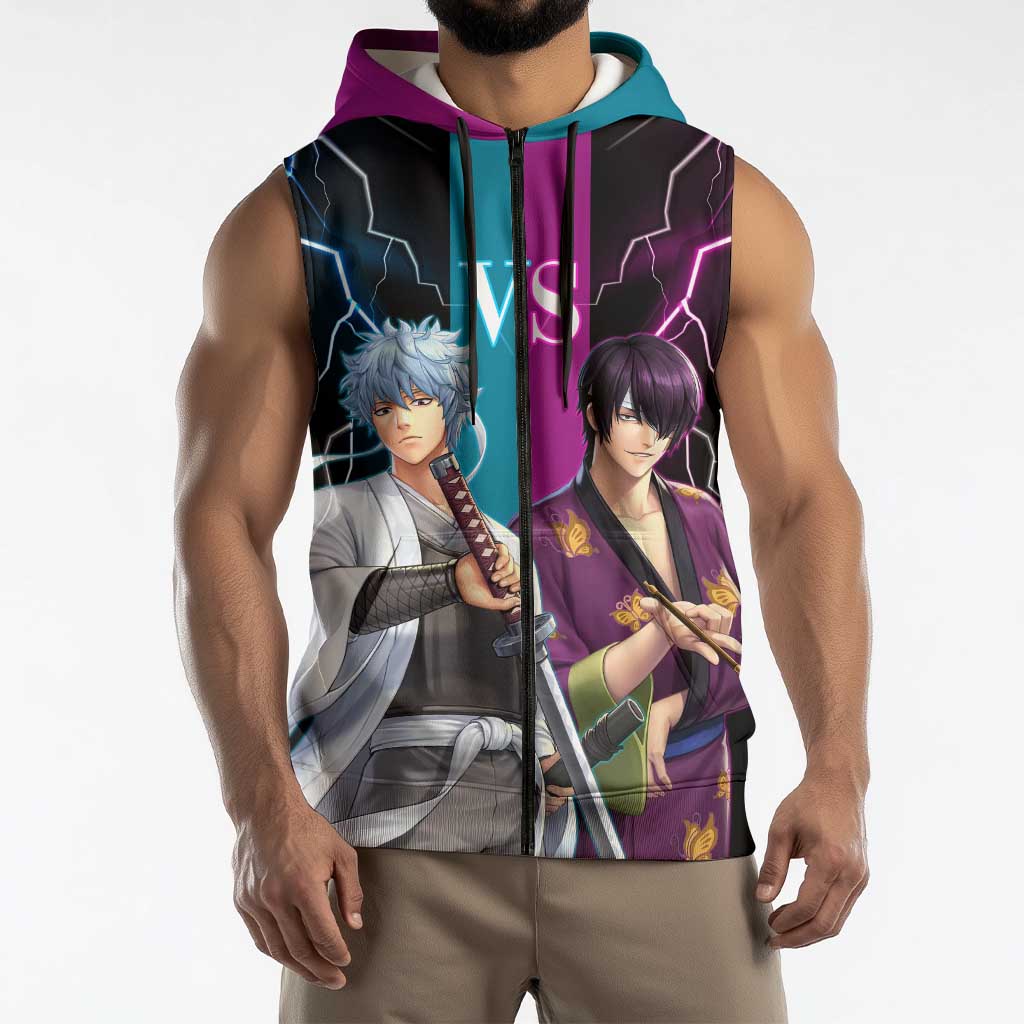 Shinsuke vs Gintoki Gintama Split Lightning Design Sleeveless Zip Hoodie with Sword Duel and Anime Showdown Theme - The Mazicc