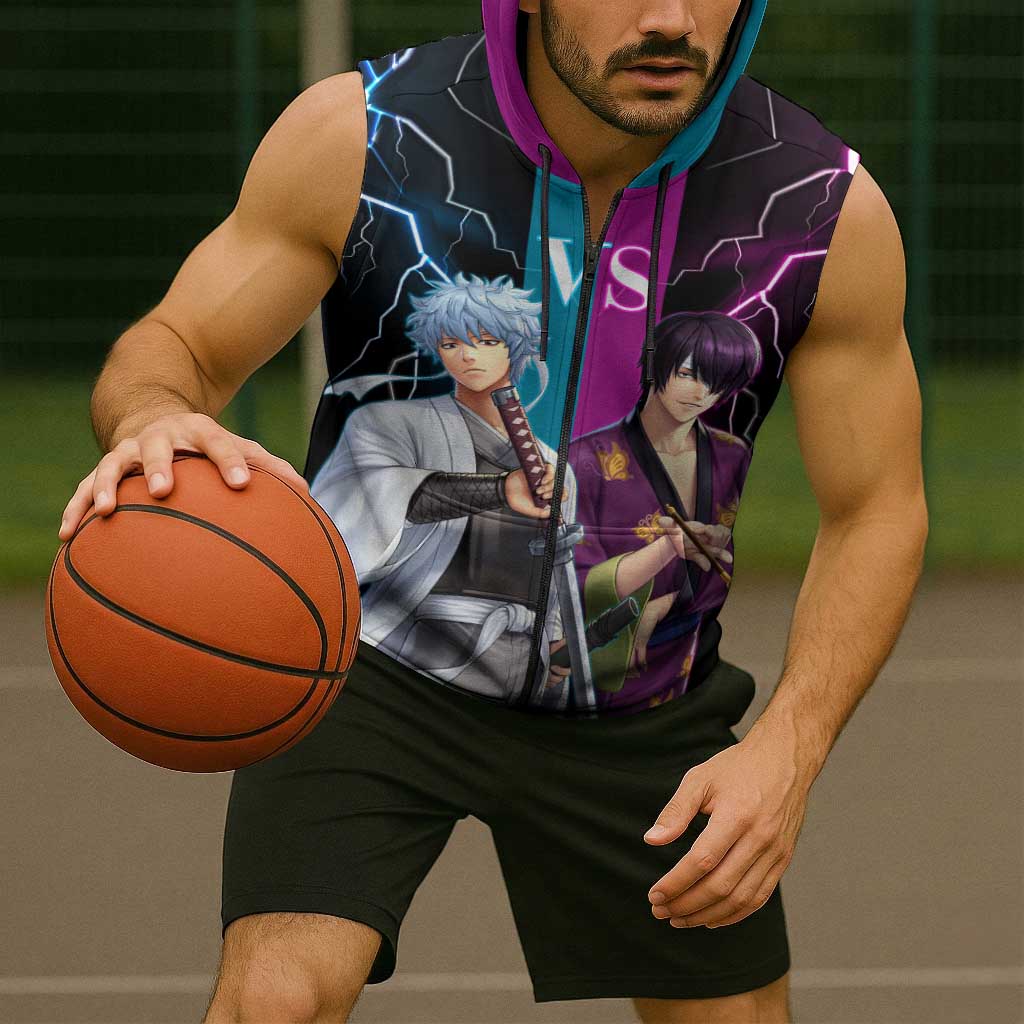 Shinsuke vs Gintoki Gintama Split Lightning Design Sleeveless Zip Hoodie with Sword Duel and Anime Showdown Theme - The Mazicc