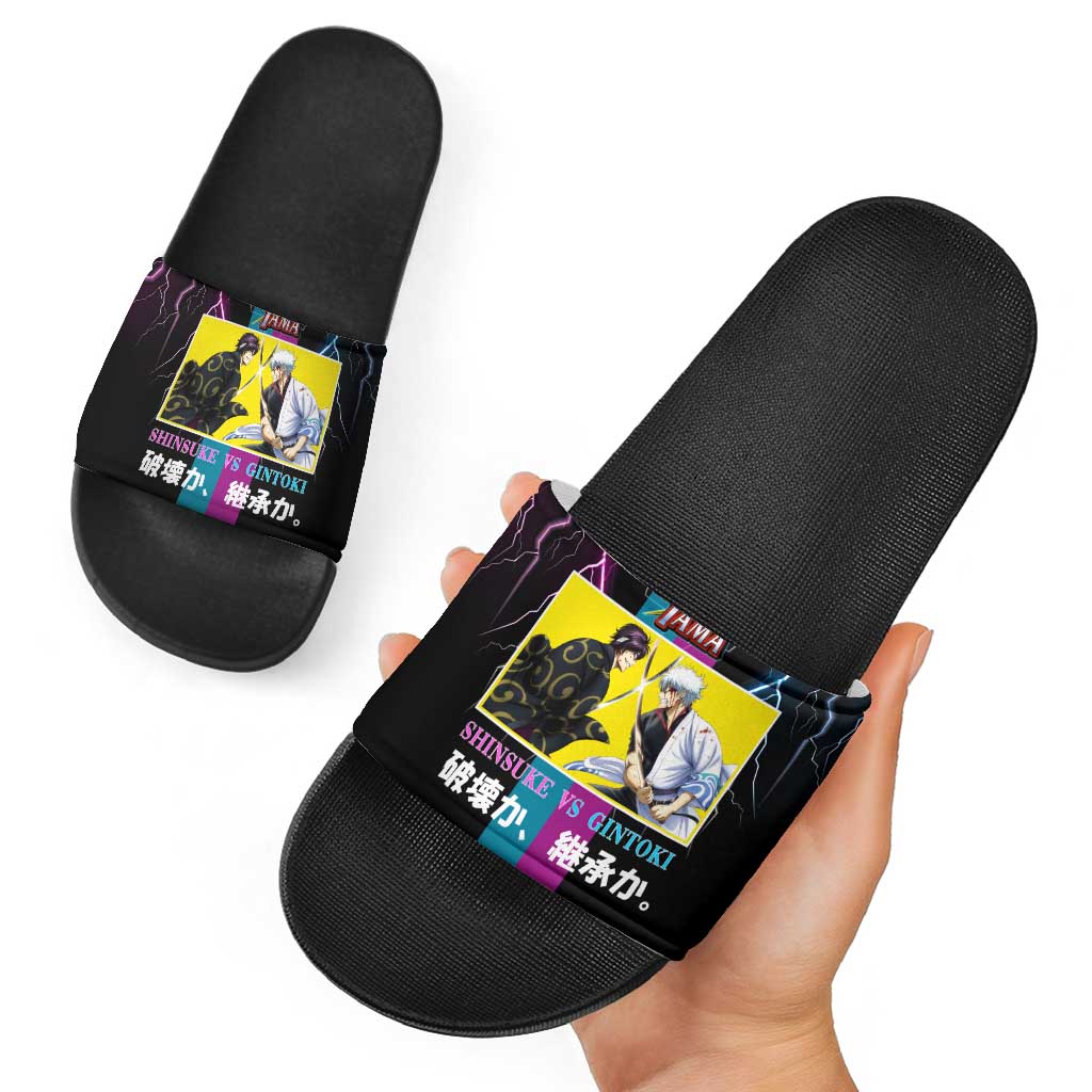 Shinsuke vs Gintoki Gintama Split Lightning Design Slide Sandals with Sword Duel and Anime Showdown Theme - The Mazicc