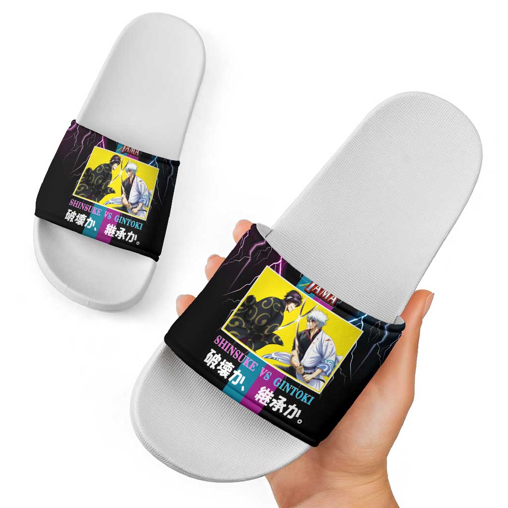 Shinsuke vs Gintoki Gintama Split Lightning Design Slide Sandals with Sword Duel and Anime Showdown Theme - The Mazicc