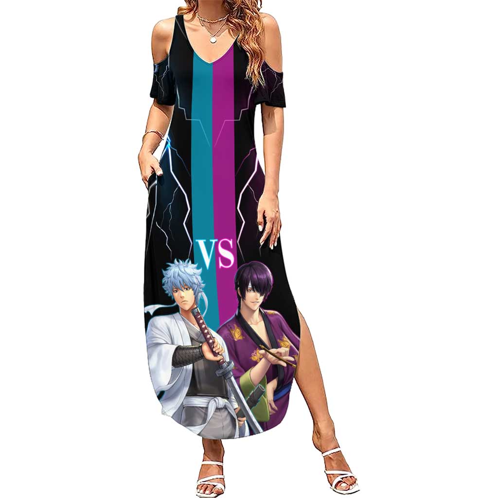 Shinsuke vs Gintoki Gintama Split Lightning Design Summer Maxi Dress with Sword Duel and Anime Showdown Theme - The Mazicc