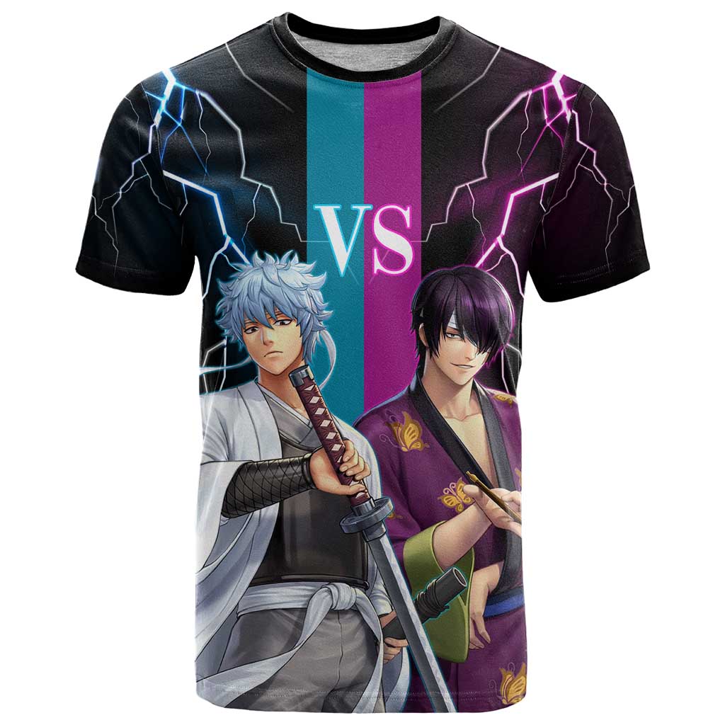Shinsuke vs Gintoki Gintama Split Lightning Design T Shirt with Sword Duel and Anime Showdown Theme - The Mazicc