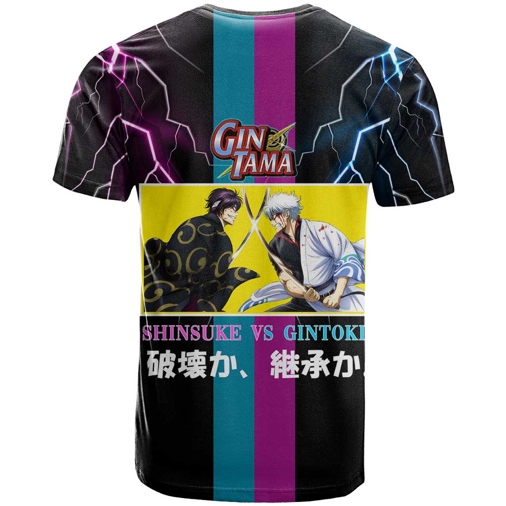 Shinsuke vs Gintoki Gintama Split Lightning Design T Shirt with Sword Duel and Anime Showdown Theme - The Mazicc