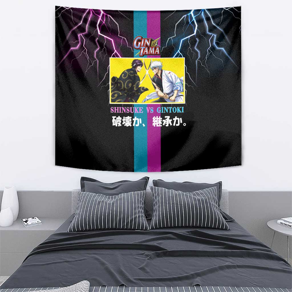 Shinsuke vs Gintoki Gintama Split Lightning Design Tapestry with Sword Duel and Anime Showdown Theme - The Mazicc