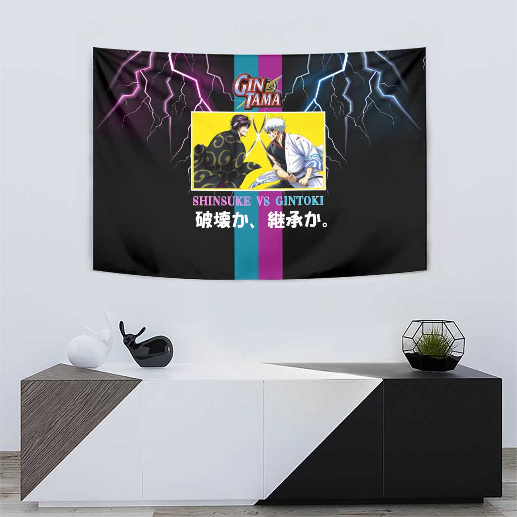 Shinsuke vs Gintoki Gintama Split Lightning Design Tapestry with Sword Duel and Anime Showdown Theme - The Mazicc
