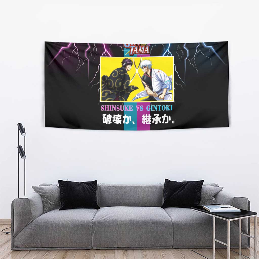 Shinsuke vs Gintoki Gintama Split Lightning Design Tapestry with Sword Duel and Anime Showdown Theme - The Mazicc