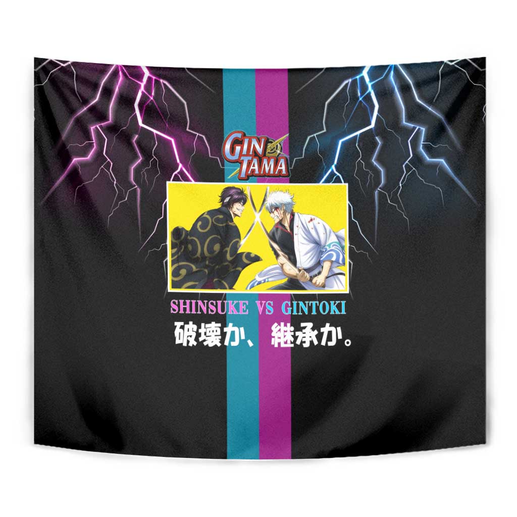 Shinsuke vs Gintoki Gintama Split Lightning Design Tapestry with Sword Duel and Anime Showdown Theme - The Mazicc