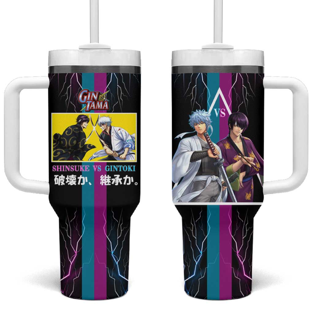 Shinsuke vs Gintoki Gintama Split Lightning Design Tumbler With Handle with Sword Duel and Anime Showdown Theme - The Mazicc