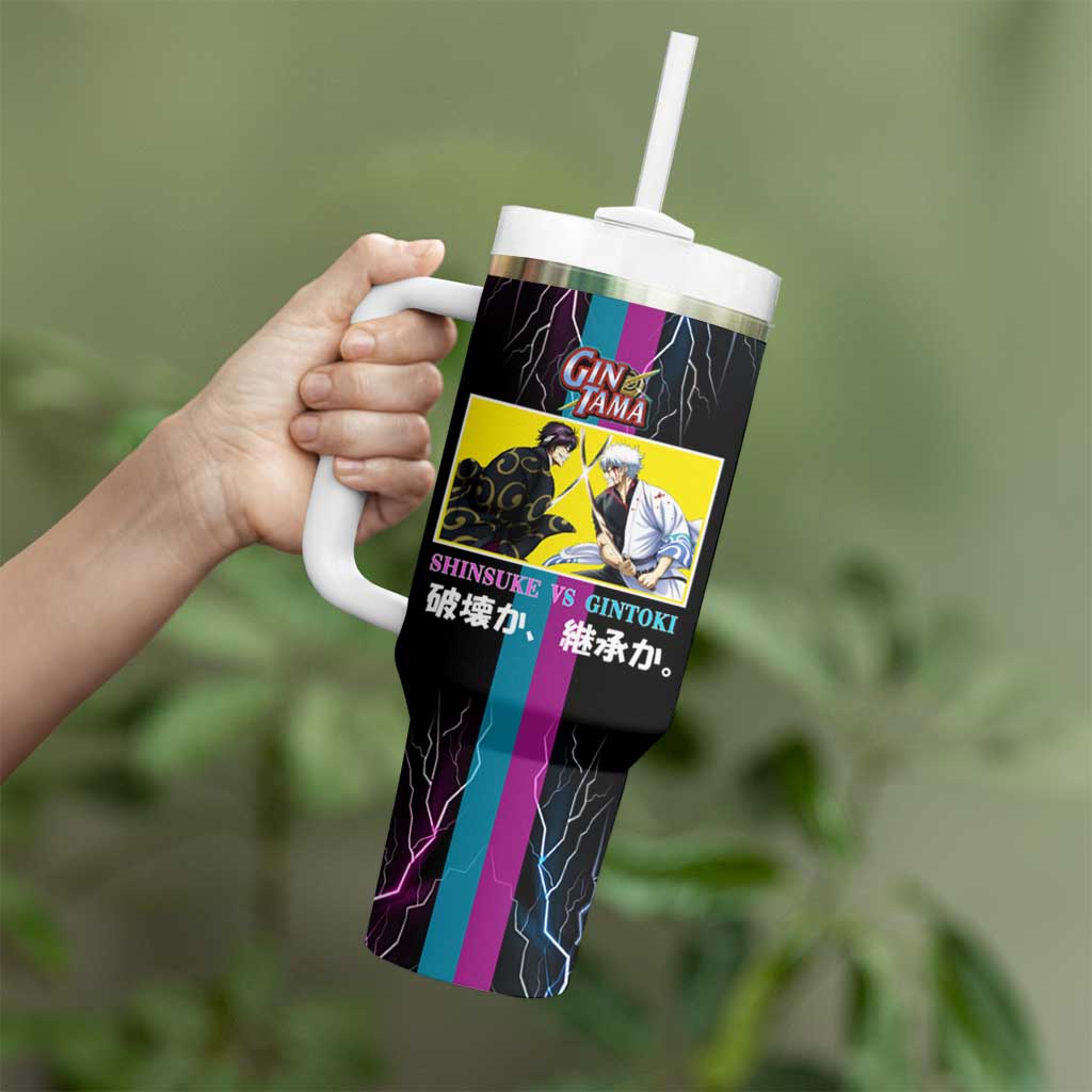 Shinsuke vs Gintoki Gintama Split Lightning Design Tumbler With Handle with Sword Duel and Anime Showdown Theme - The Mazicc
