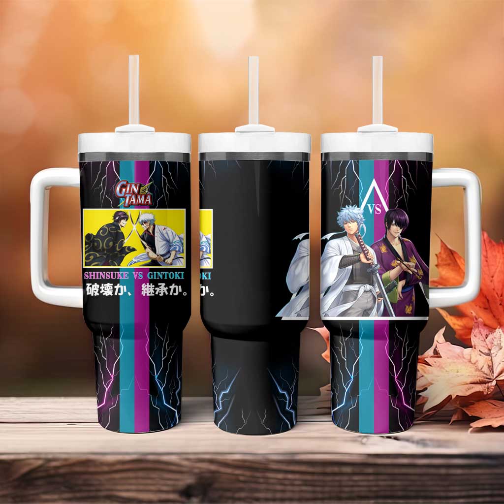 Shinsuke vs Gintoki Gintama Split Lightning Design Tumbler With Handle with Sword Duel and Anime Showdown Theme - The Mazicc