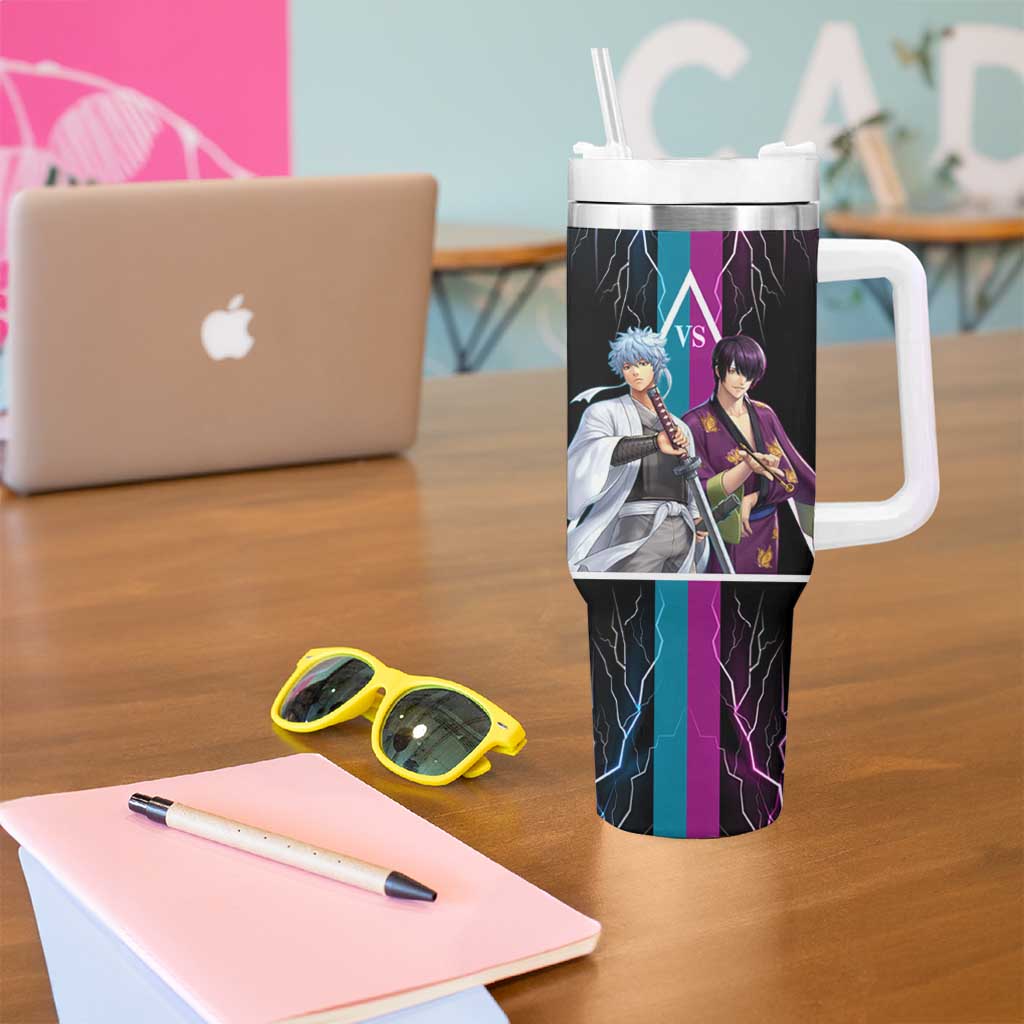 Shinsuke vs Gintoki Gintama Split Lightning Design Tumbler With Handle with Sword Duel and Anime Showdown Theme - The Mazicc