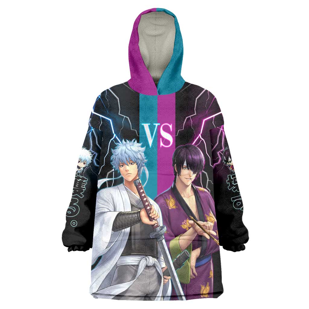 Shinsuke vs Gintoki Gintama Split Lightning Design Wearable Blanket Hoodie with Sword Duel and Anime Showdown Theme - The Mazicc
