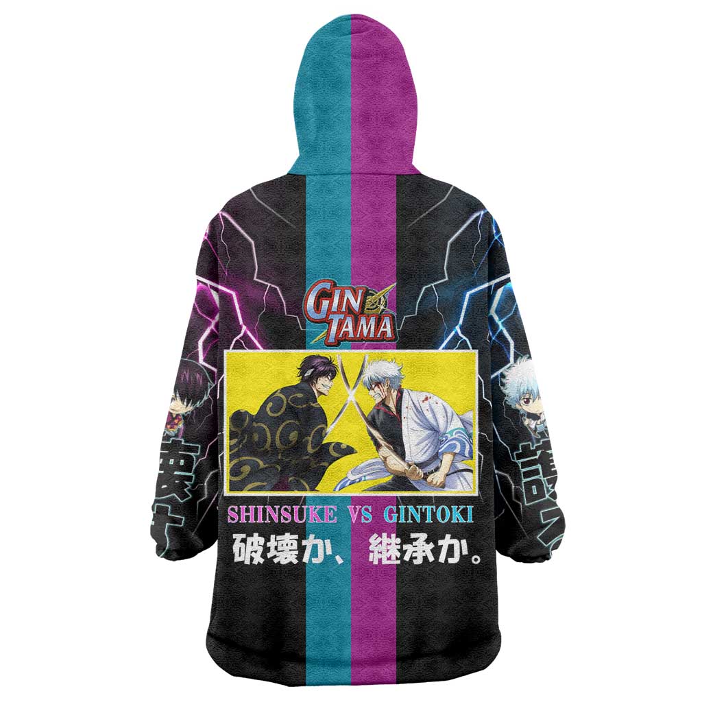 Shinsuke vs Gintoki Gintama Split Lightning Design Wearable Blanket Hoodie with Sword Duel and Anime Showdown Theme - The Mazicc