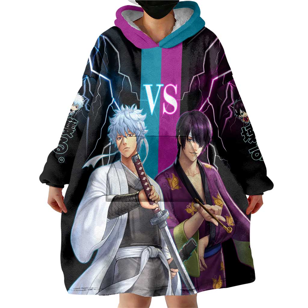 Shinsuke vs Gintoki Gintama Split Lightning Design Wearable Blanket Hoodie with Sword Duel and Anime Showdown Theme - The Mazicc