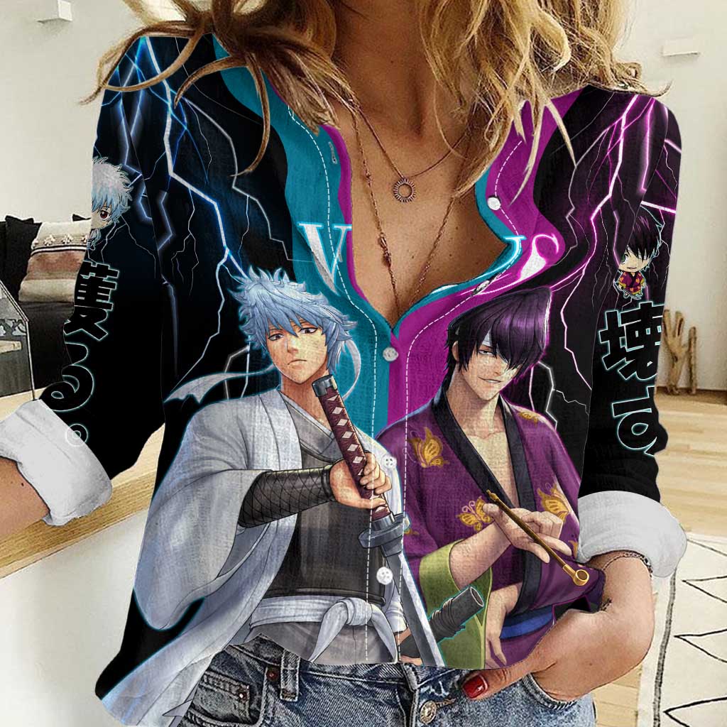Shinsuke vs Gintoki Gintama Split Lightning Design Women Casual Shirt with Sword Duel and Anime Showdown Theme - The Mazicc