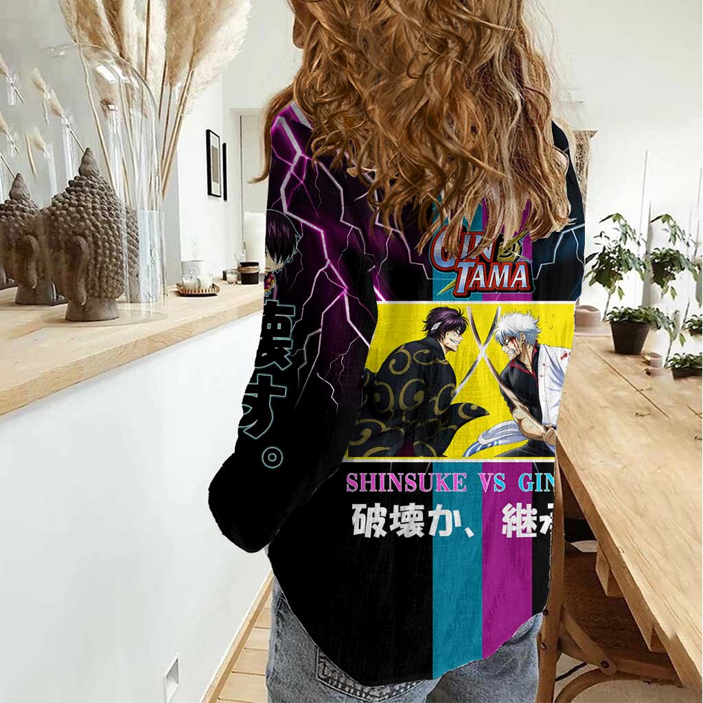 Shinsuke vs Gintoki Gintama Split Lightning Design Women Casual Shirt with Sword Duel and Anime Showdown Theme - The Mazicc
