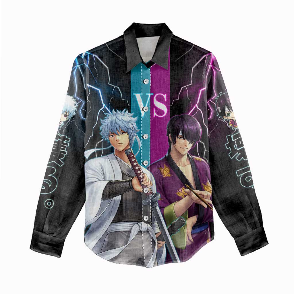 Shinsuke vs Gintoki Gintama Split Lightning Design Women Casual Shirt with Sword Duel and Anime Showdown Theme - The Mazicc