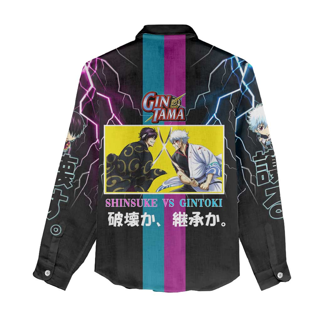 Shinsuke vs Gintoki Gintama Split Lightning Design Women Casual Shirt with Sword Duel and Anime Showdown Theme - The Mazicc