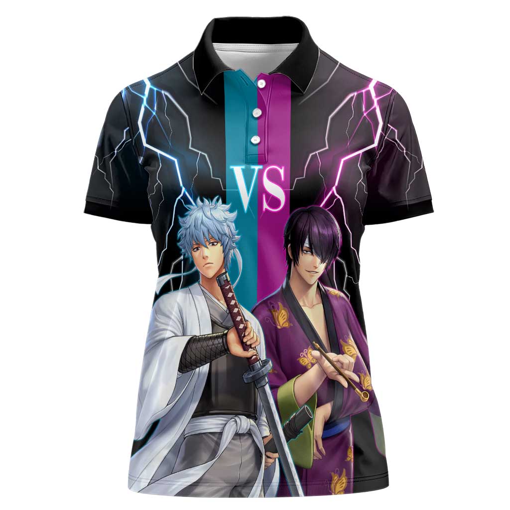 Shinsuke vs Gintoki Gintama Split Lightning Design Women Polo Shirt with Sword Duel and Anime Showdown Theme - The Mazicc