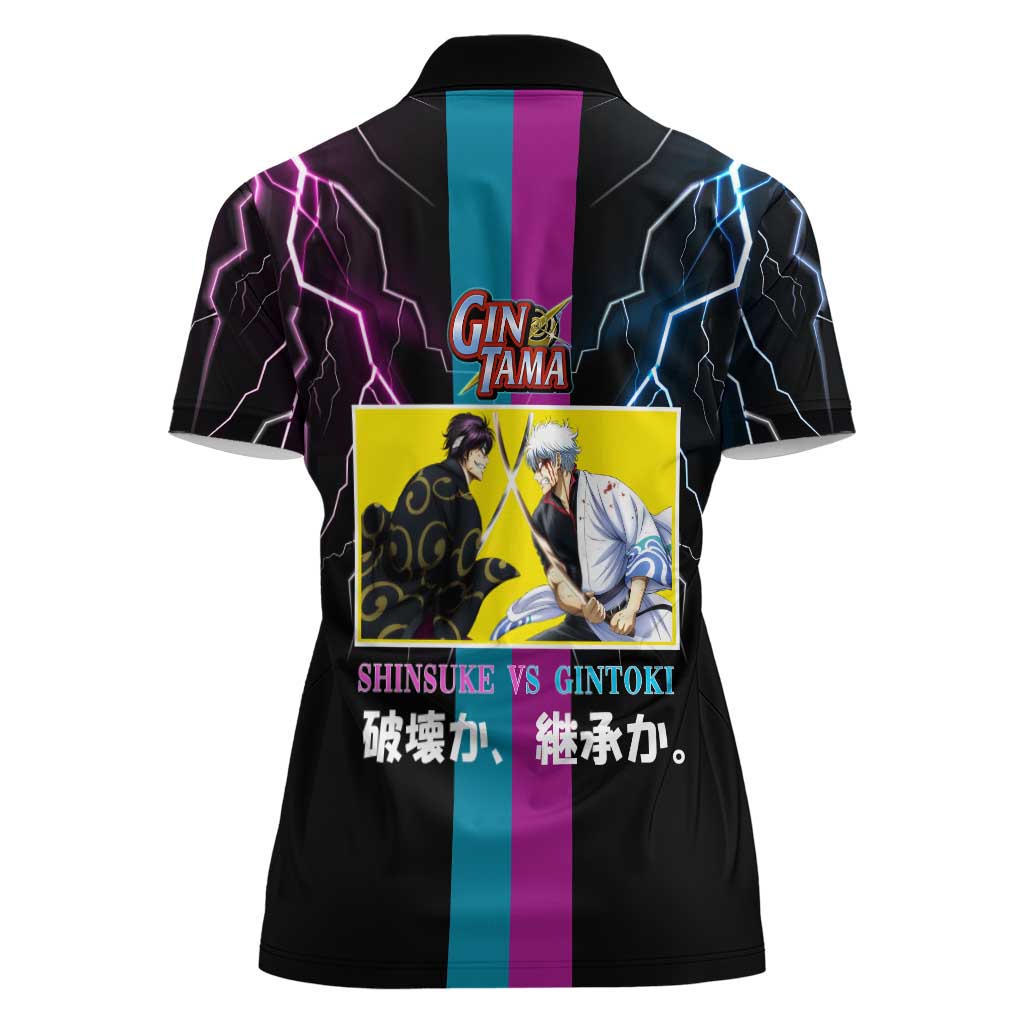 Shinsuke vs Gintoki Gintama Split Lightning Design Women Polo Shirt with Sword Duel and Anime Showdown Theme - The Mazicc