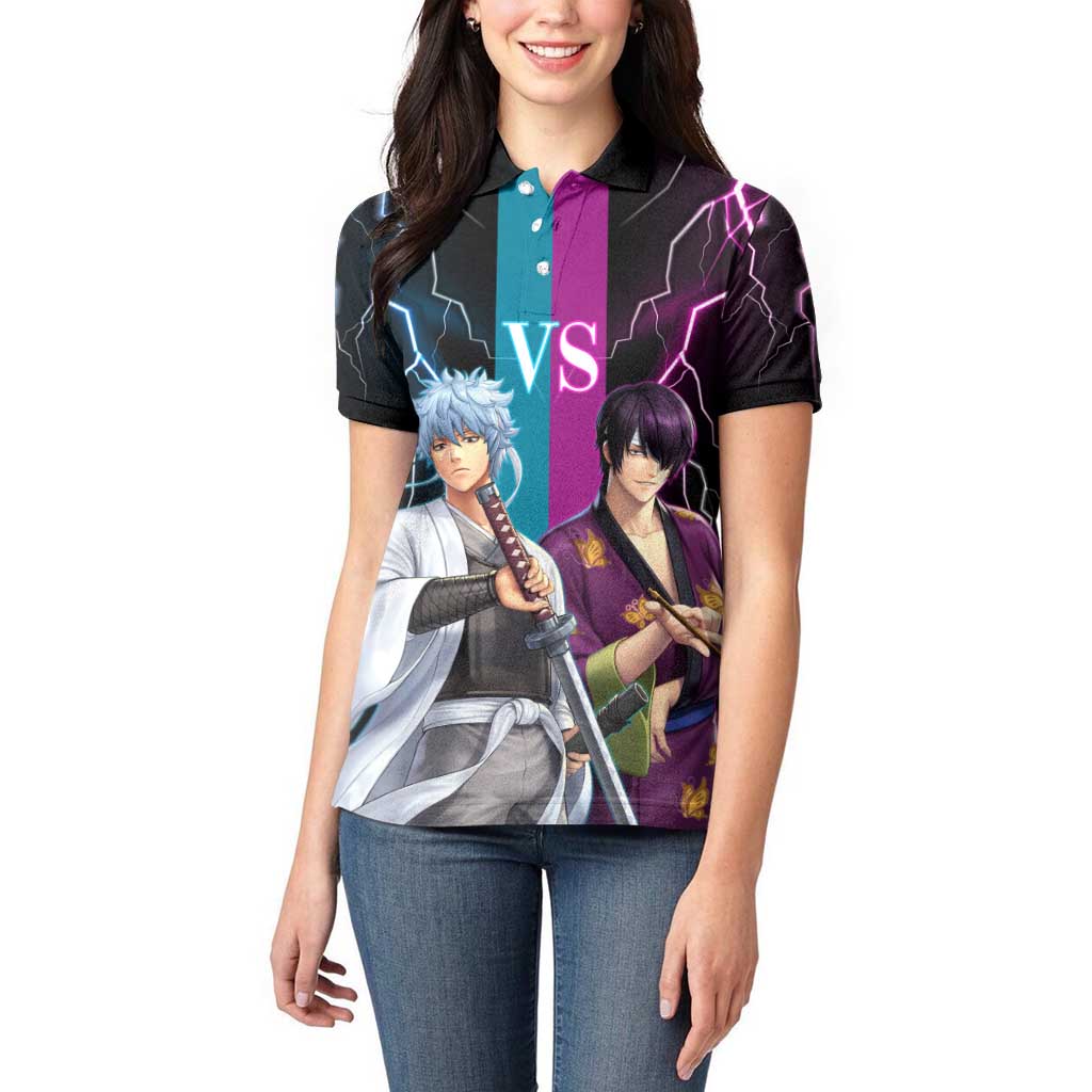 Shinsuke vs Gintoki Gintama Split Lightning Design Women Polo Shirt with Sword Duel and Anime Showdown Theme - The Mazicc