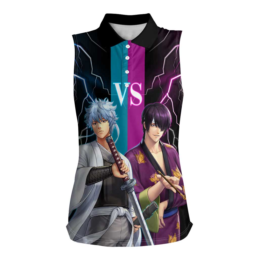 Shinsuke vs Gintoki Gintama Split Lightning Design Women Sleeveless Polo Shirt with Sword Duel and Anime Showdown Theme - The Mazicc