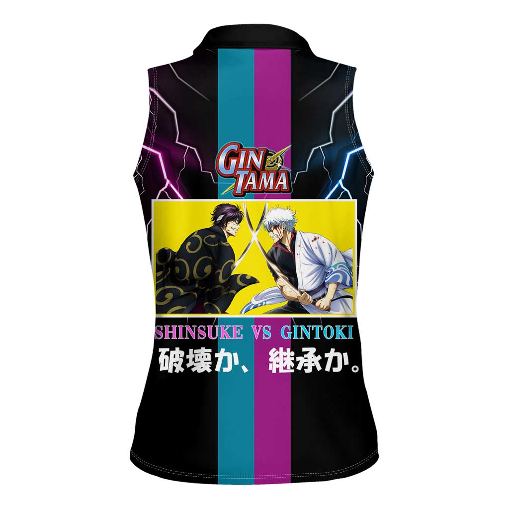 Shinsuke vs Gintoki Gintama Split Lightning Design Women Sleeveless Polo Shirt with Sword Duel and Anime Showdown Theme - The Mazicc