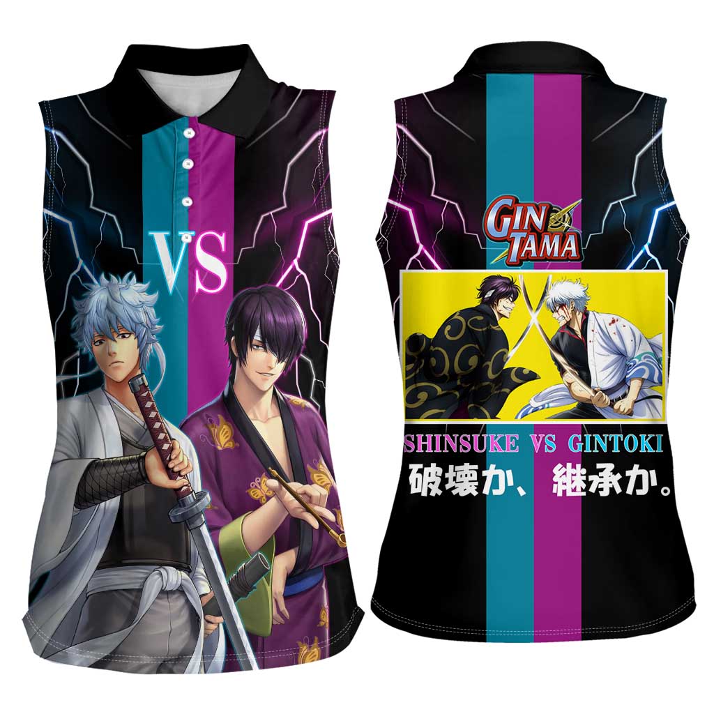 Shinsuke vs Gintoki Gintama Split Lightning Design Women Sleeveless Polo Shirt with Sword Duel and Anime Showdown Theme - The Mazicc