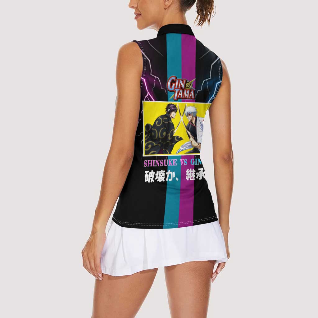 Shinsuke vs Gintoki Gintama Split Lightning Design Women Sleeveless Polo Shirt with Sword Duel and Anime Showdown Theme - The Mazicc