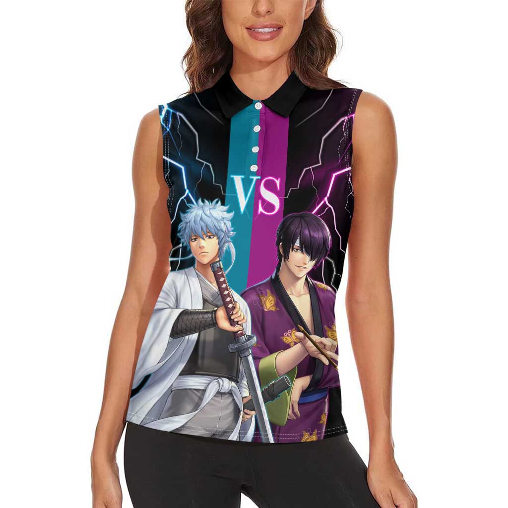 Shinsuke vs Gintoki Gintama Split Lightning Design Women Sleeveless Polo Shirt with Sword Duel and Anime Showdown Theme - The Mazicc