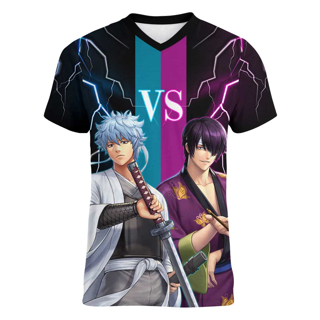 Shinsuke vs Gintoki Gintama Split Lightning Design Women V-Neck T-Shirt with Sword Duel and Anime Showdown Theme - The Mazicc