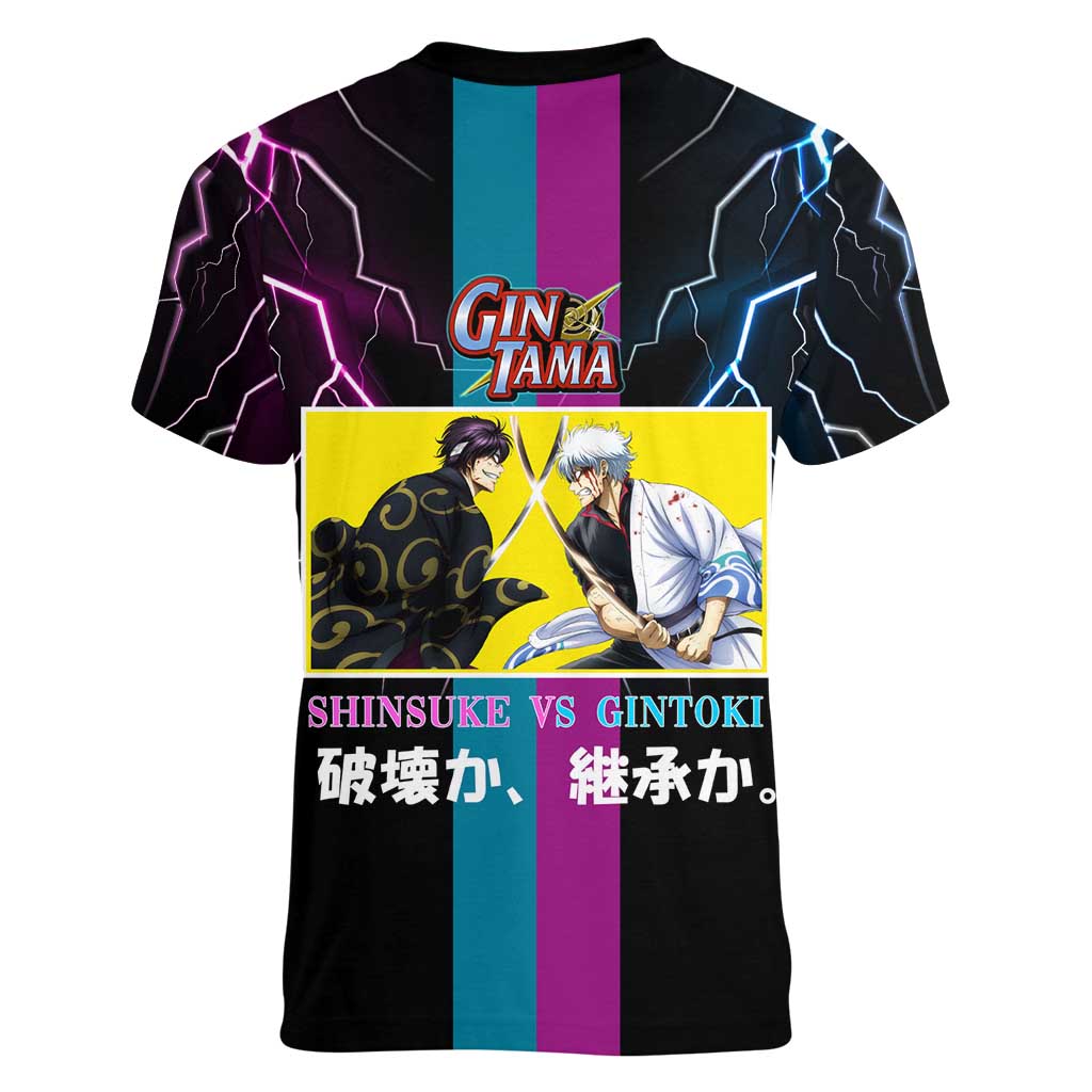 Shinsuke vs Gintoki Gintama Split Lightning Design Women V-Neck T-Shirt with Sword Duel and Anime Showdown Theme - The Mazicc
