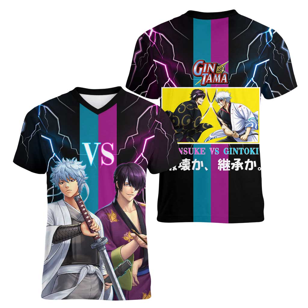 Shinsuke vs Gintoki Gintama Split Lightning Design Women V-Neck T-Shirt with Sword Duel and Anime Showdown Theme - The Mazicc