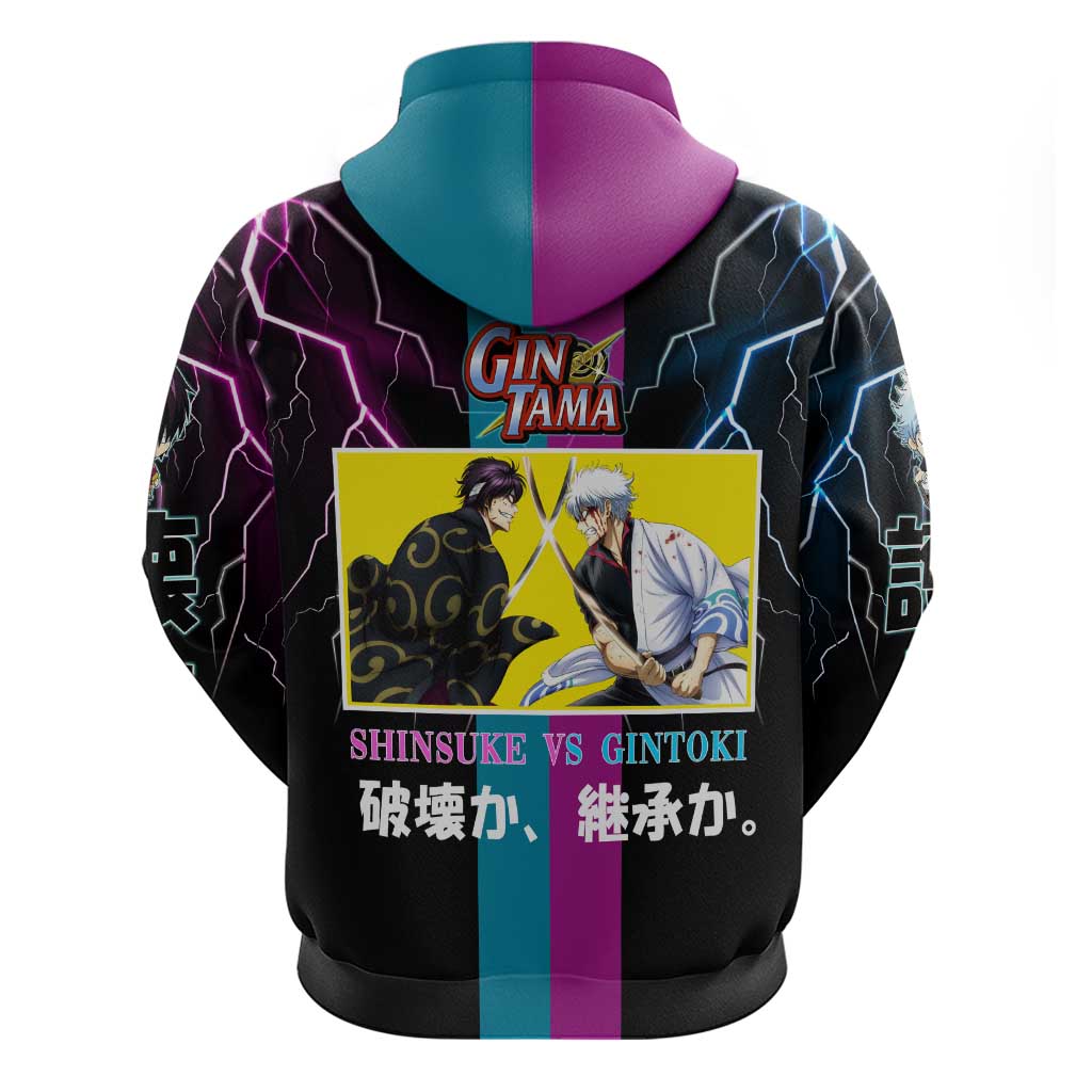 Shinsuke vs Gintoki Gintama Split Lightning Design Zip Hoodie with Sword Duel and Anime Showdown Theme - The Mazicc