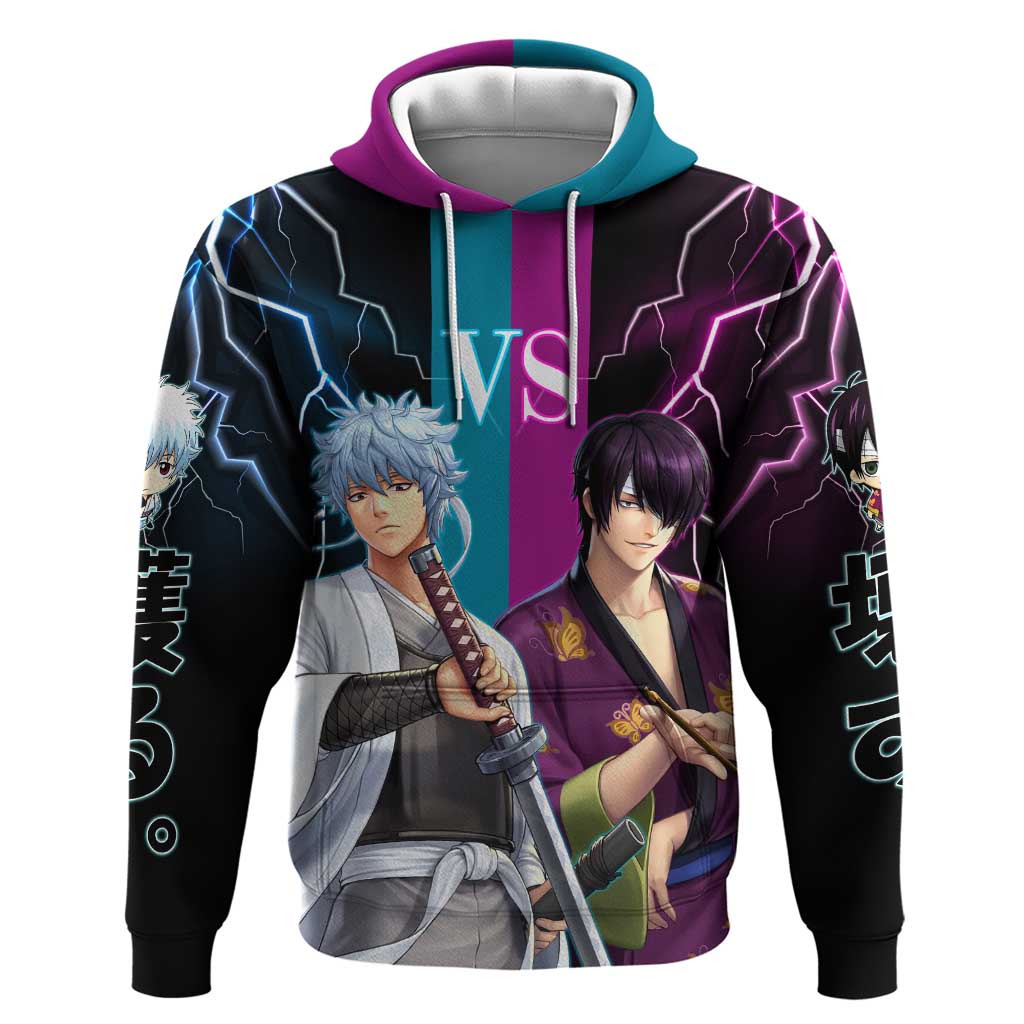 Shinsuke vs Gintoki Gintama Split Lightning Design Zip Hoodie with Sword Duel and Anime Showdown Theme - The Mazicc