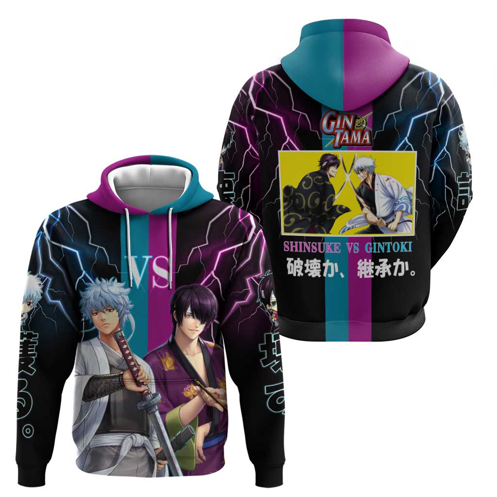 Shinsuke vs Gintoki Gintama Split Lightning Design Zip Hoodie with Sword Duel and Anime Showdown Theme - The Mazicc