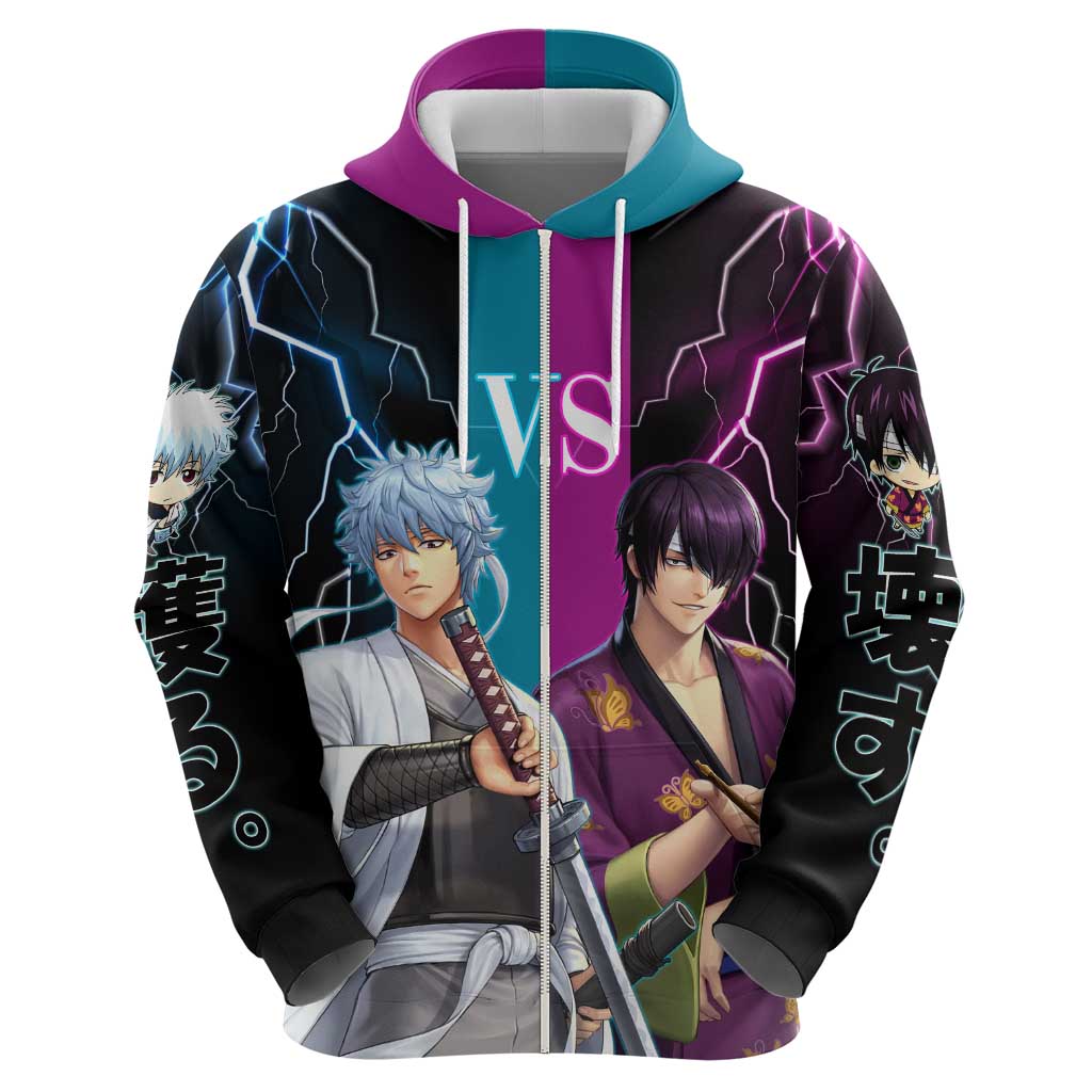 Shinsuke vs Gintoki Gintama Split Lightning Design Zip Hoodie with Sword Duel and Anime Showdown Theme - The Mazicc