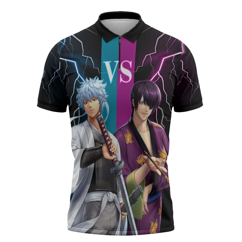 Shinsuke vs Gintoki Gintama Split Lightning Design Zipper Polo Shirt with Sword Duel and Anime Showdown Theme - The Mazicc