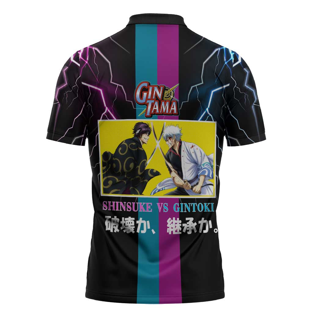 Shinsuke vs Gintoki Gintama Split Lightning Design Zipper Polo Shirt with Sword Duel and Anime Showdown Theme - The Mazicc