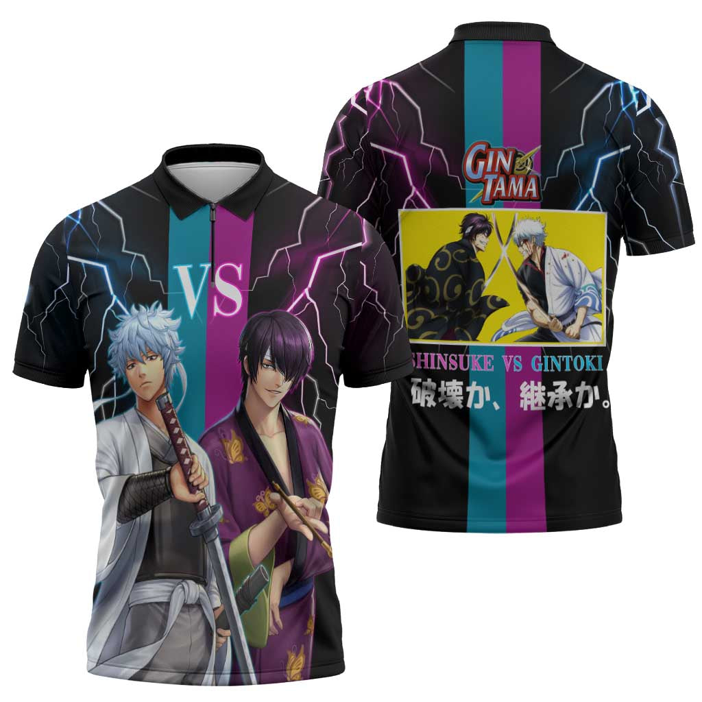 Shinsuke vs Gintoki Gintama Split Lightning Design Zipper Polo Shirt with Sword Duel and Anime Showdown Theme - The Mazicc