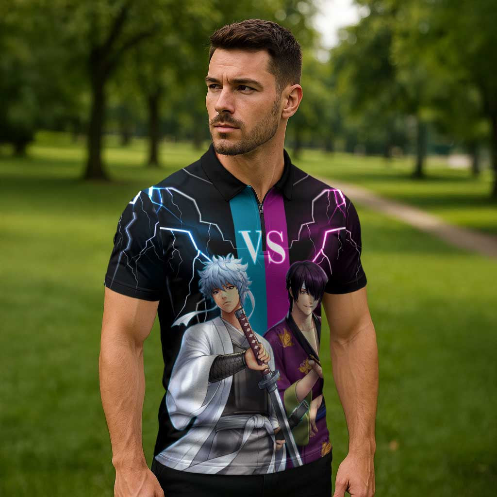 Shinsuke vs Gintoki Gintama Split Lightning Design Zipper Polo Shirt with Sword Duel and Anime Showdown Theme - The Mazicc