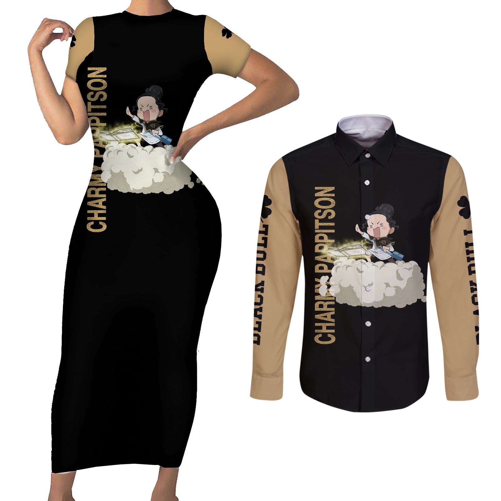 Black Bull Charmy Couples Matching Short Sleeve Bodycon Dress and Long Sleeve Button Shirt