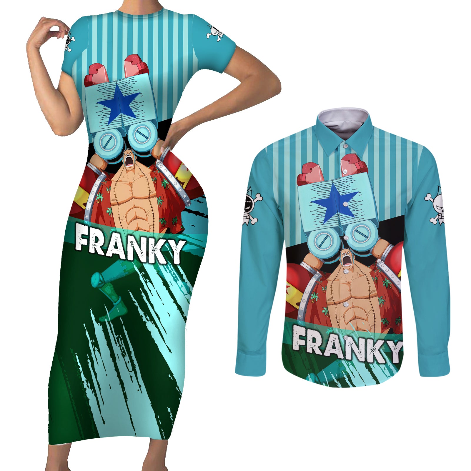 Franky One Piece Couples Matching Short Sleeve Bodycon Dress and Long Sleeve Button Shirt