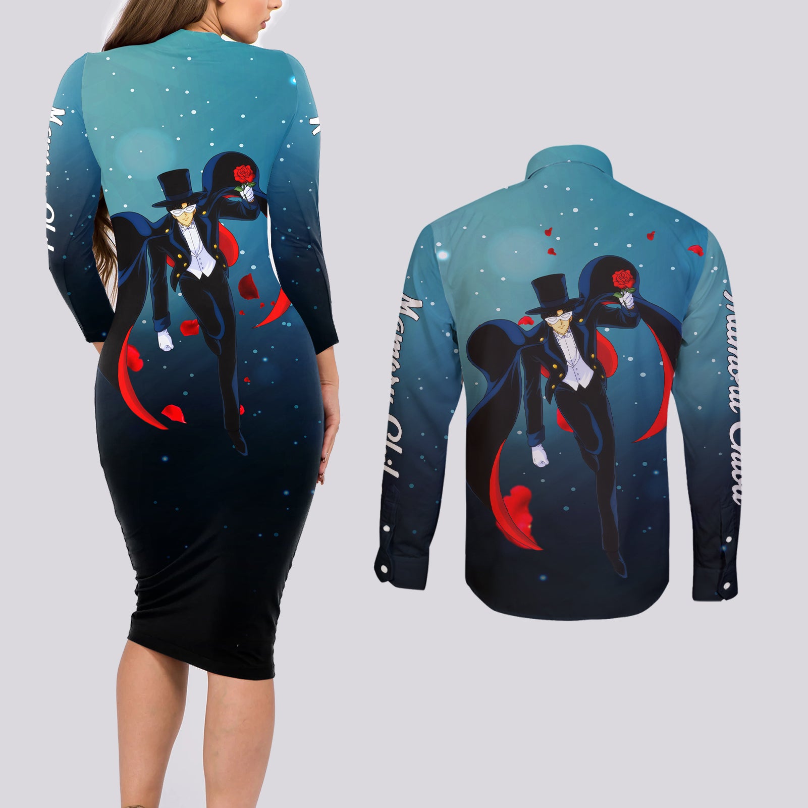 Tuxedo Anime Couples Matching Long Sleeve Bodycon Dress and Long Sleeve Button Shirt