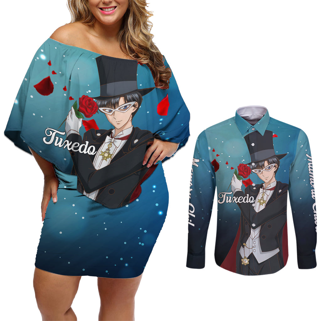Tuxedo Anime Couples Matching Off Shoulder Short Dress and Long Sleeve Button Shirt
