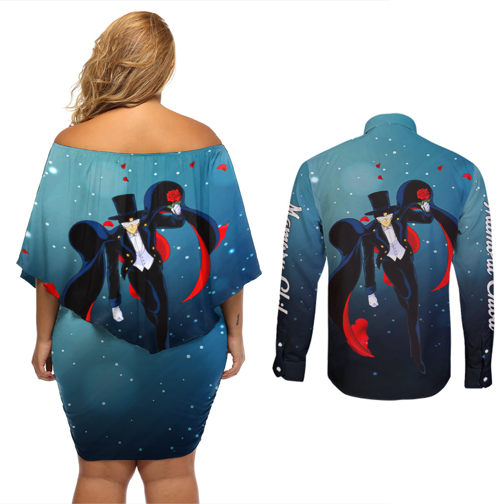 Tuxedo Anime Couples Matching Off Shoulder Short Dress and Long Sleeve Button Shirt