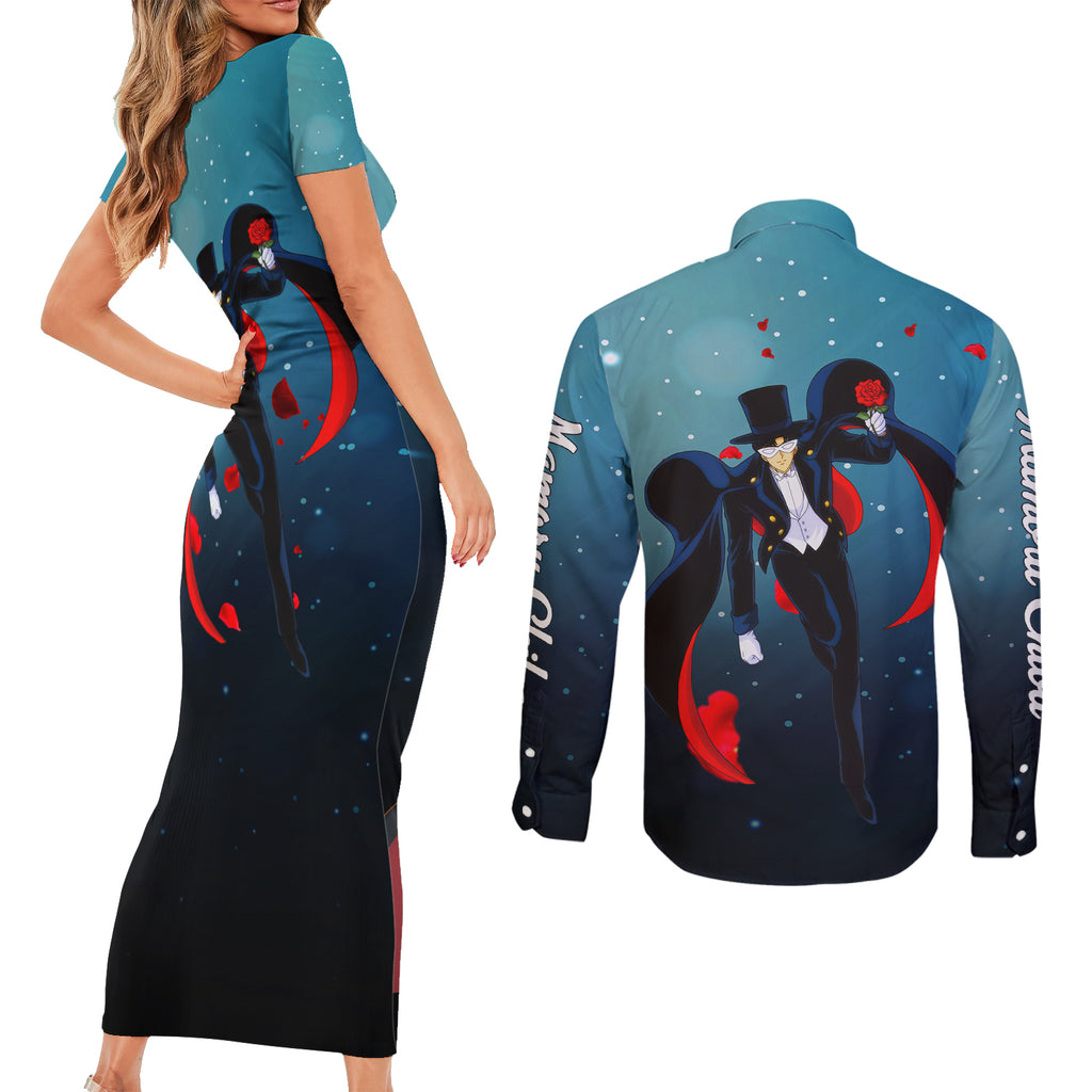 Tuxedo Anime Couples Matching Short Sleeve Bodycon Dress and Long Sleeve Button Shirt