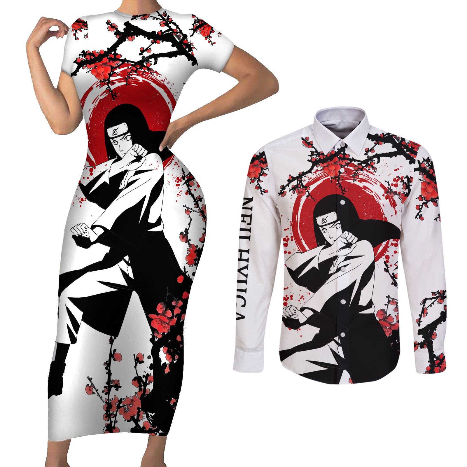 Neji Hyuga Couples Matching Short Sleeve Bodycon Dress and Long Sleeve Button Shirt
