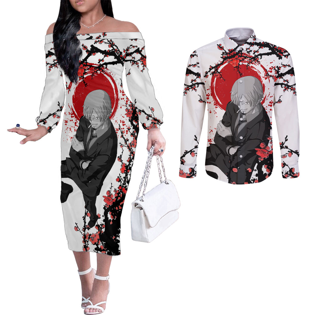 Vinsmoke Sanji One Piece Japan Style Anime Couples Matching Off The Shoulder Long Sleeve Dress and Long Sleeve Button Shirt
